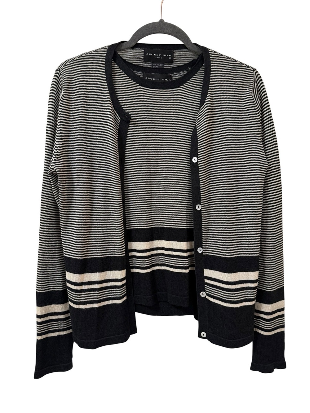 august silk Black white  Striped Knit Cardigan and Crew Sweater Set M 100% silk